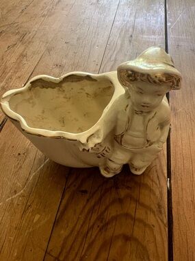 Vintage Cream Ceramic Planter with Boy Figurine
